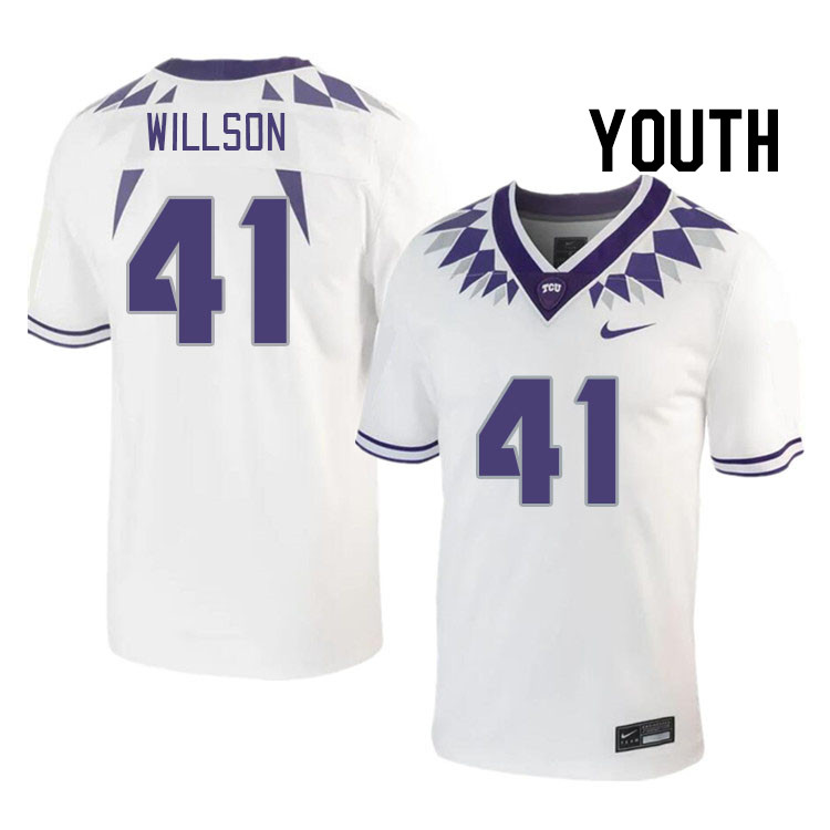 Youth #41 TJ Willson TCU Horned Frogs 2023 College Footbal Jerseys Stitched-White - Click Image to Close